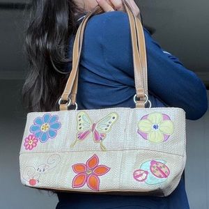 Vintage small straw shoulder bag purse with 90s -Y2k flower butterfly stitches